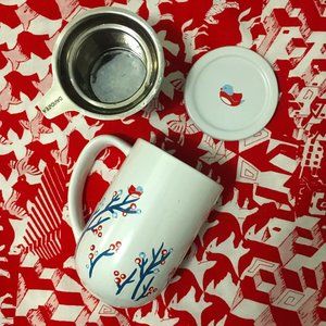 David's Tea Retired White Berries Bird Nordic Mug with Infuser and Lid 2014